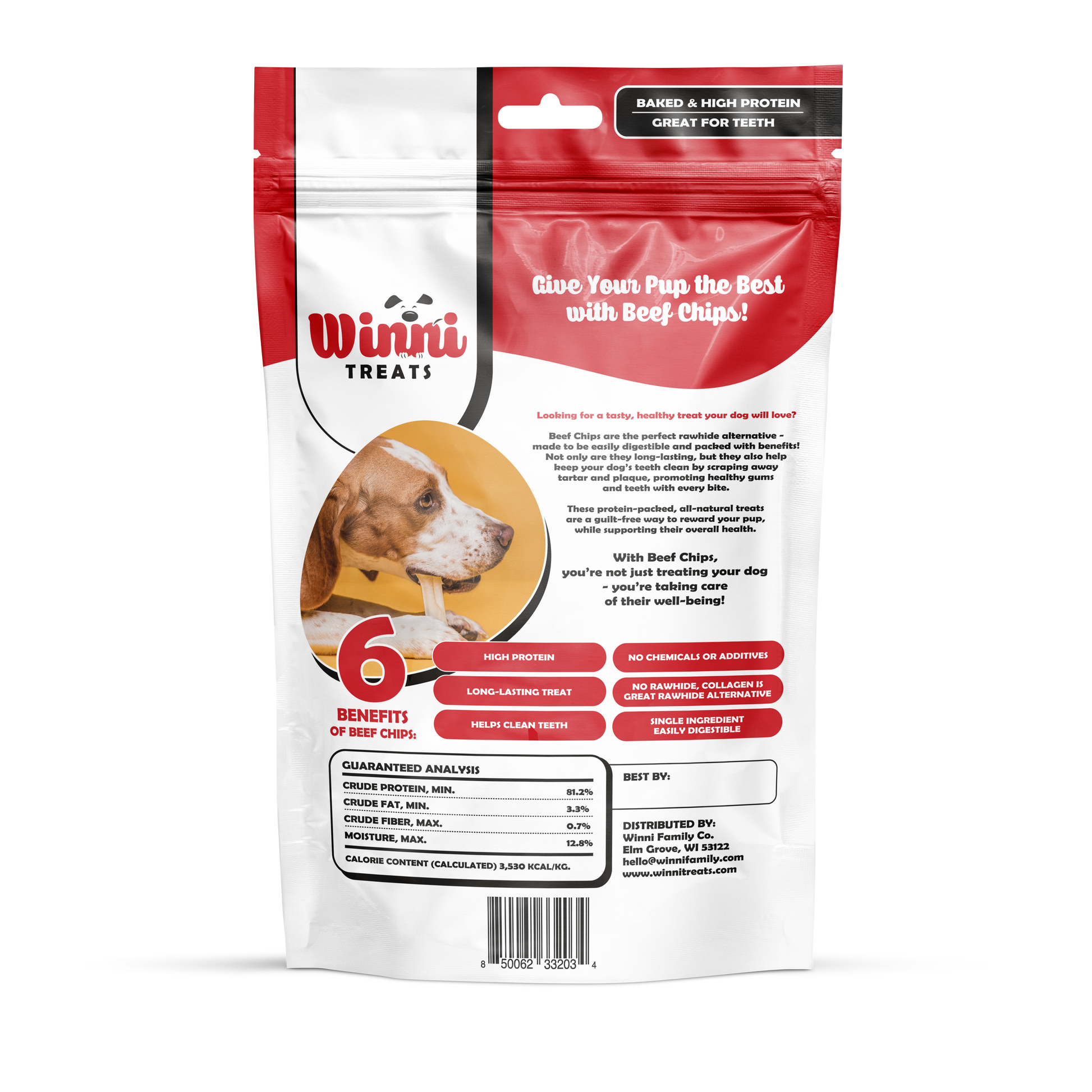 Back view of Winni Treats All-Natural Beef Cheek Chips packaging, highlighting benefits and analysis, ideal for keeping your dog's teeth clean.
