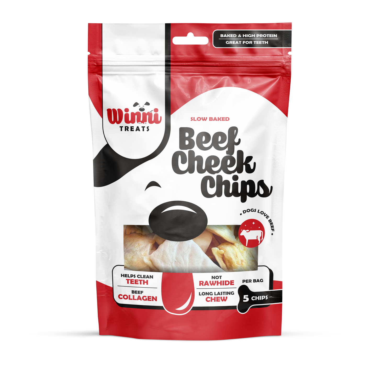包装的Winni Treats All-Natural Beef Cheek Chips in a vibrant red and black bag, promoting a healthy and tasty treat for dogs.