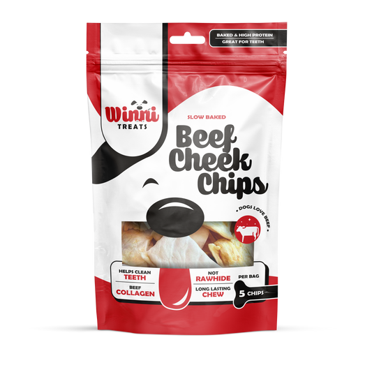 包装的Winni Treats All-Natural Beef Cheek Chips in a vibrant red and black bag, promoting a healthy and tasty treat for dogs.