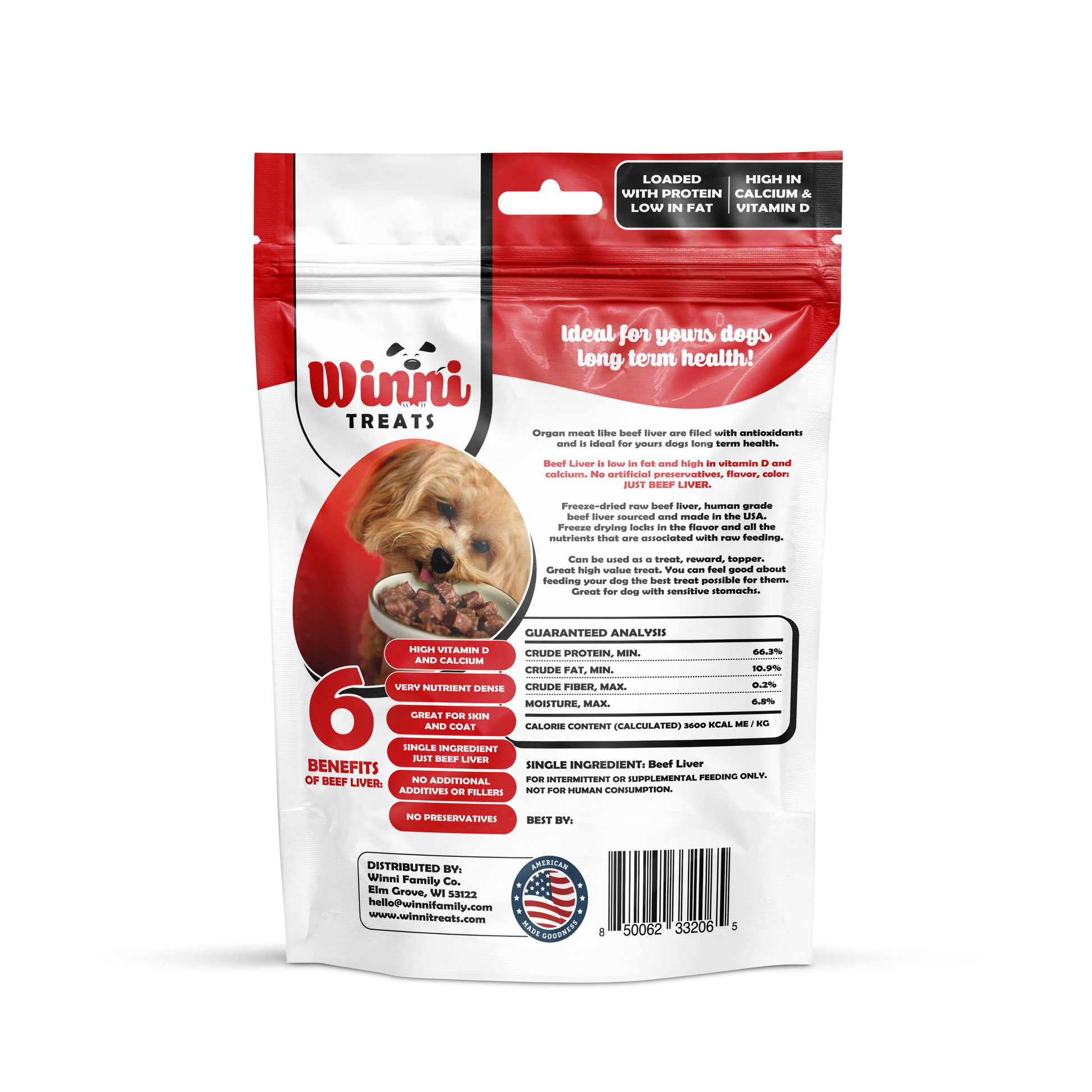 Back packaging of Winni Treats Freeze Dried Raw Beef Liver dog treats, detailing ingredients and ensuring quality for pet safety.