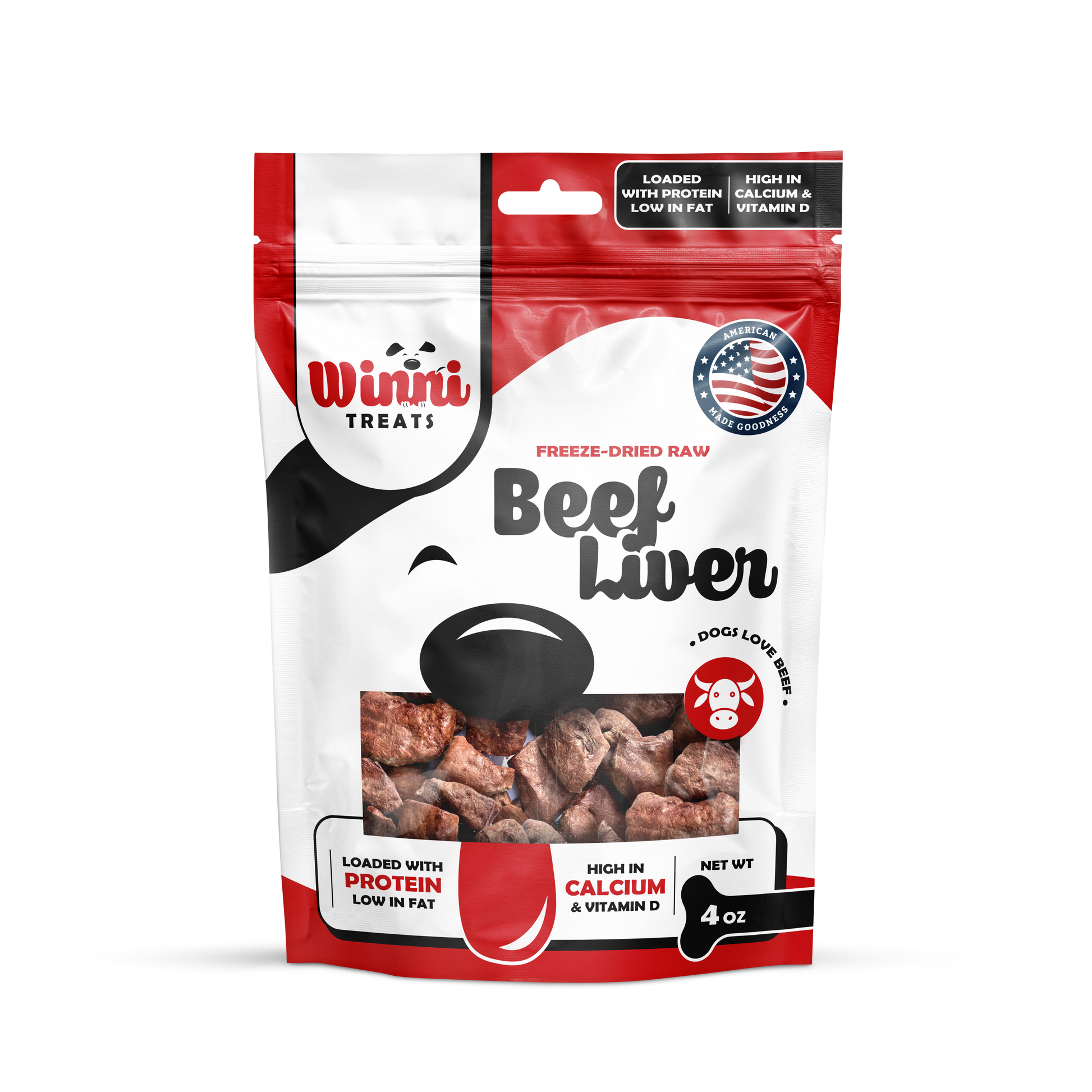Front packaging of Winni Treats Freeze Dried Raw Beef Liver dog treats, highlighting the product benefits and nutritional information.