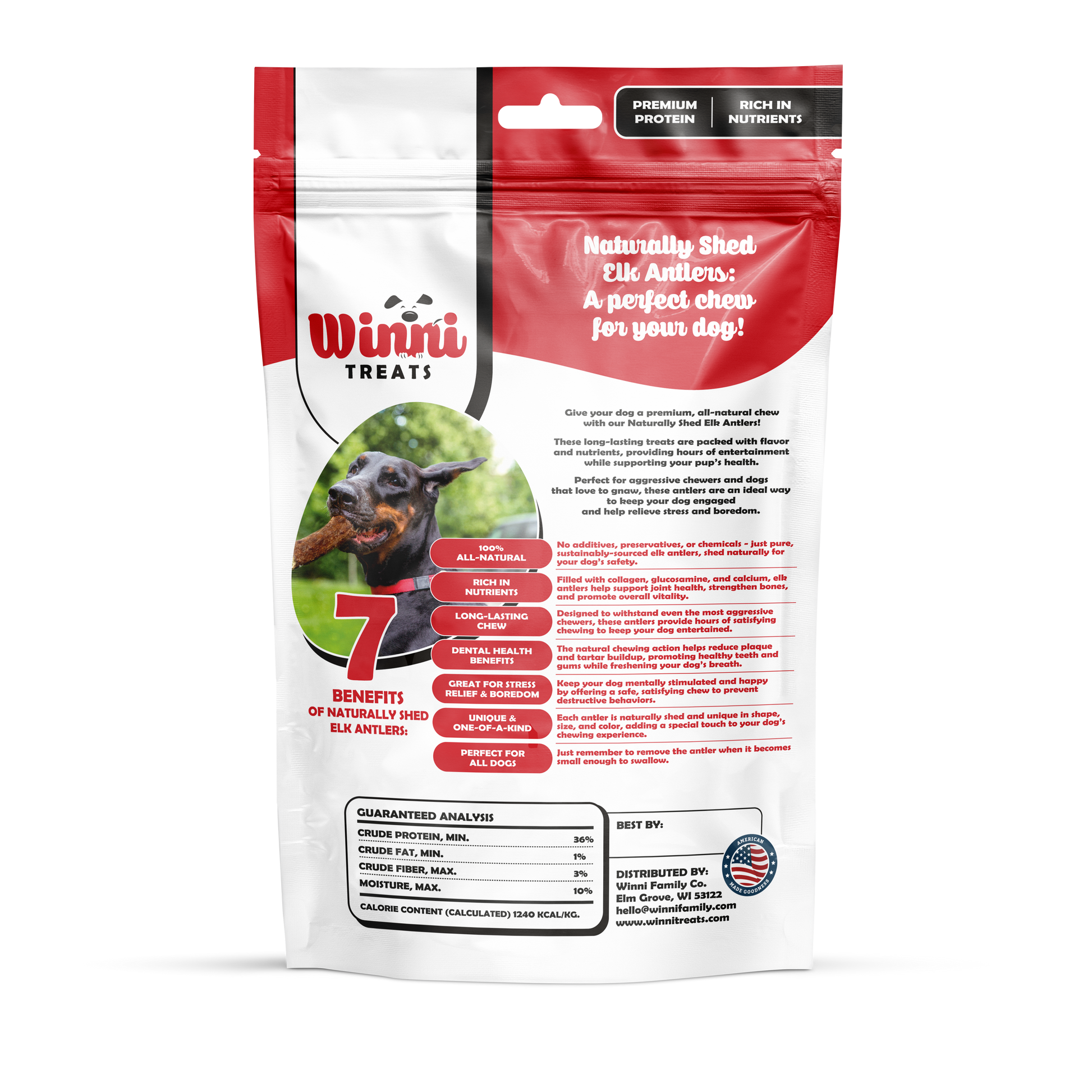 Naturally Shed Elk Antlers for Dogs - Back view of Winni Treats elk antlers package showcasing the health benefits, ingredients, and guaranteed analysis, a great option for energy and dental health for dogs.