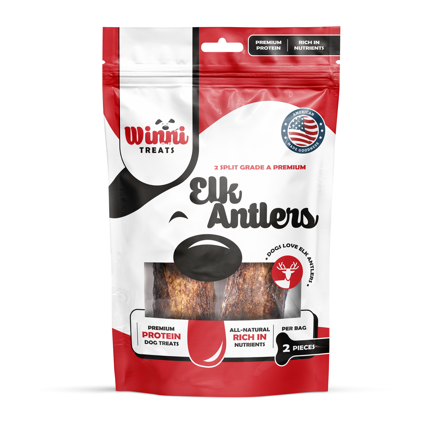 Naturally Shed Elk Antlers for Dogs - A bag of Winni Treats Elk Antlers featuring a fun dog graphic, emphasizing the premium quality and nutritional benefits. An ideal chew for dogs, rich in nutrients.