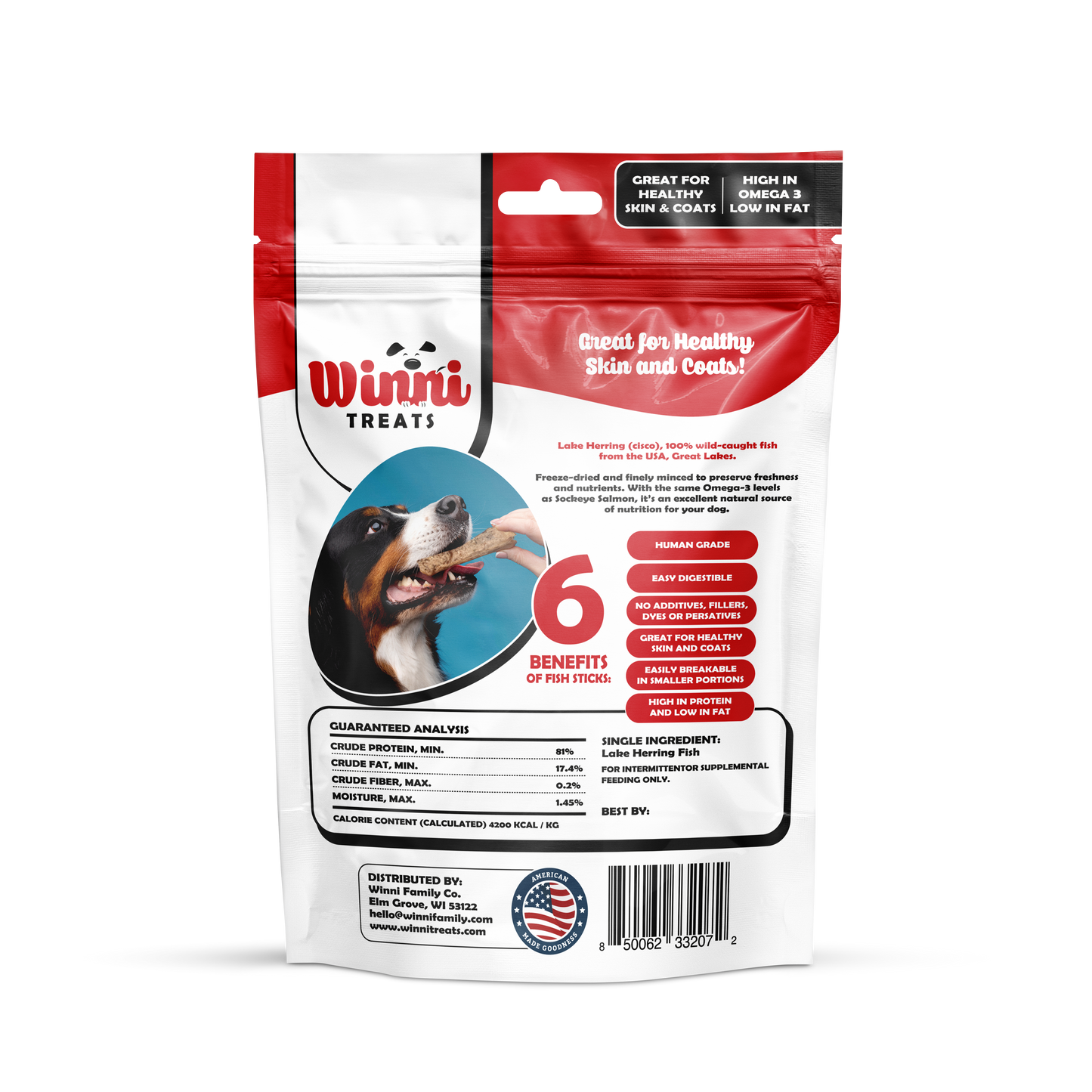Back view of Winni Treats Freeze Dried Raw Fish Sticks packaging, listing the benefits of this natural fish treat for dogs, along with guaranteed analysis and nutrition details.