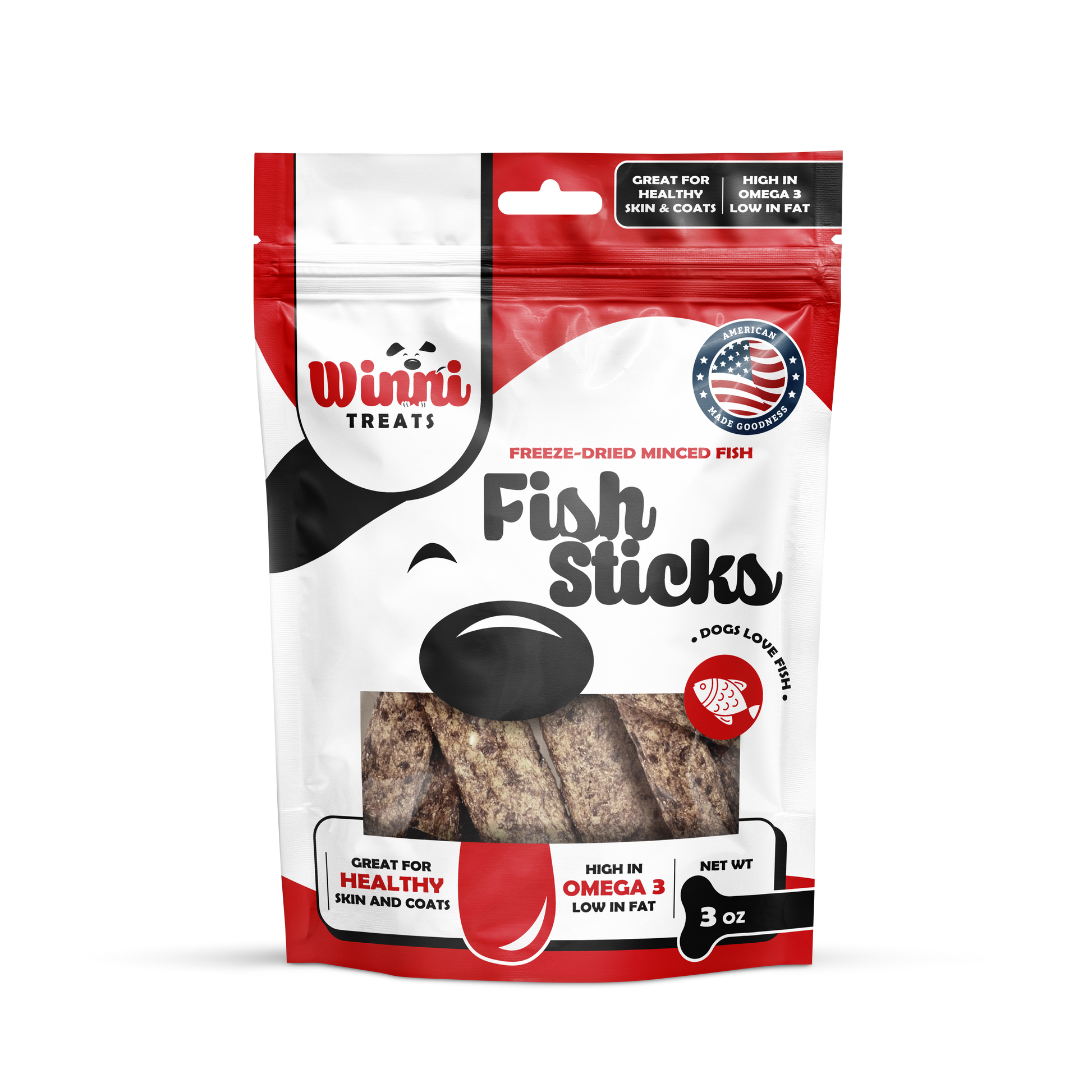 Packaging of Winni Treats Freeze Dried Raw Fish Sticks, a natural fish treat for dogs, featuring an eye-catching design with health benefits highlighted.