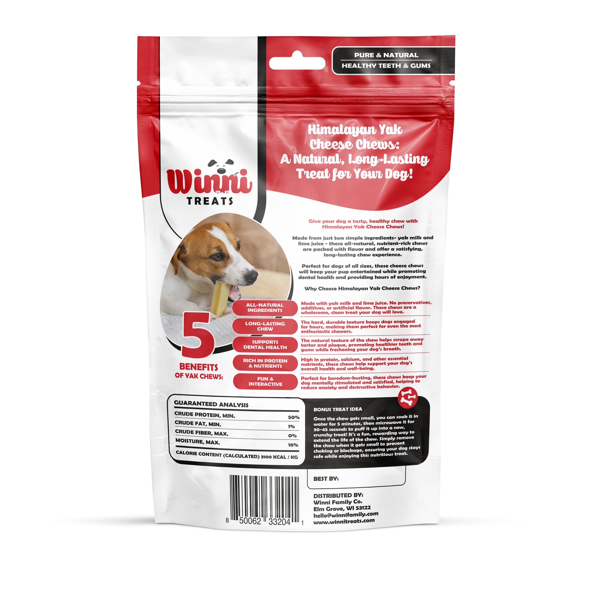 Back view of Winni Treats Himalayan Yak Cheese Chews bag, emphasizing the benefits of these long-lasting treats for dogs.
