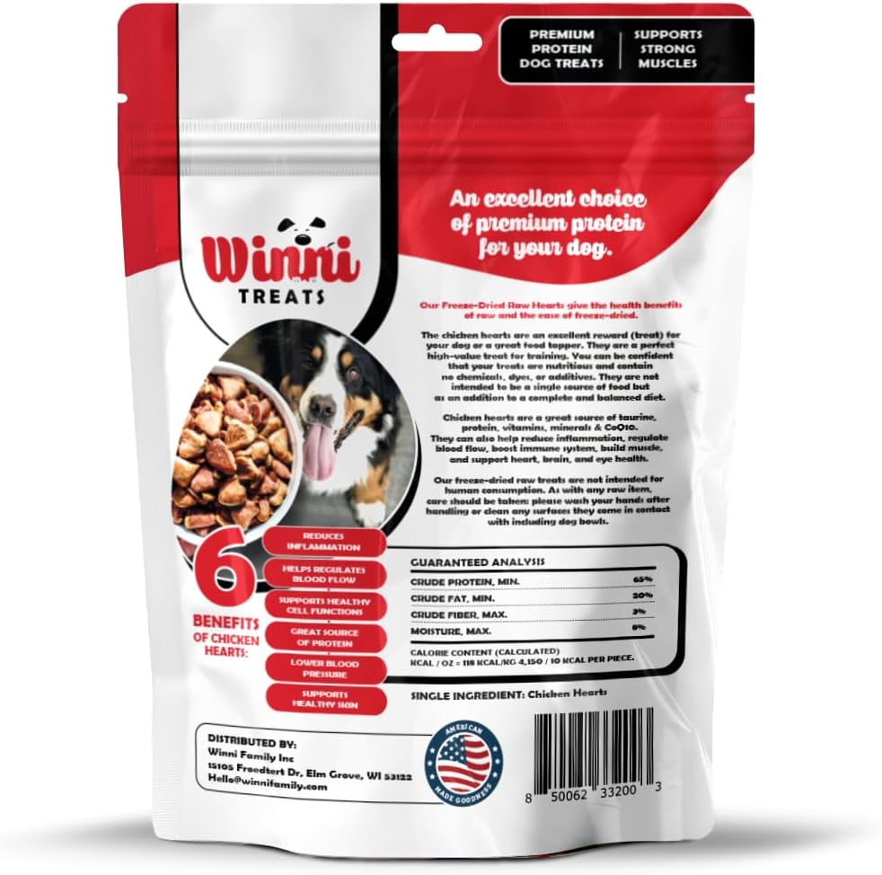 Winni Treats Freeze Dried Raw Chicken Hearts - Single ingredient dog treats with no fillers.