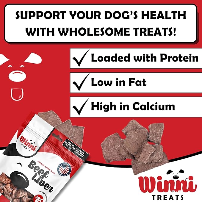 Informative graphic promoting Winni Treats Freeze Dried Raw Beef Liver dog treats, showcasing their health benefits and nutritional content.