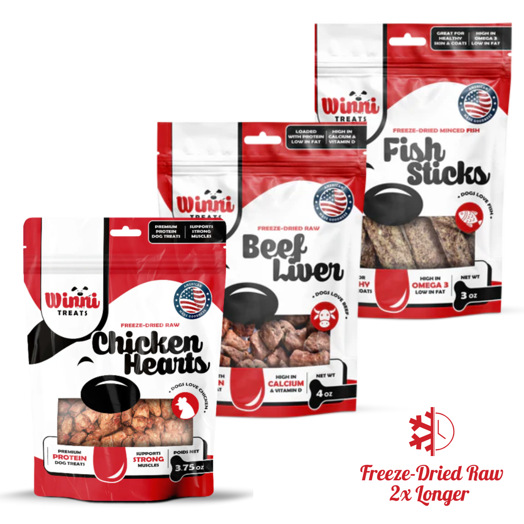 Freeze Dried Raw Treat Bundle featuring Winni Treats Chicken Hearts, Beef Liver, and Fish Sticks, showcasing freeze dried dog treats ideal for protein-rich snacking.