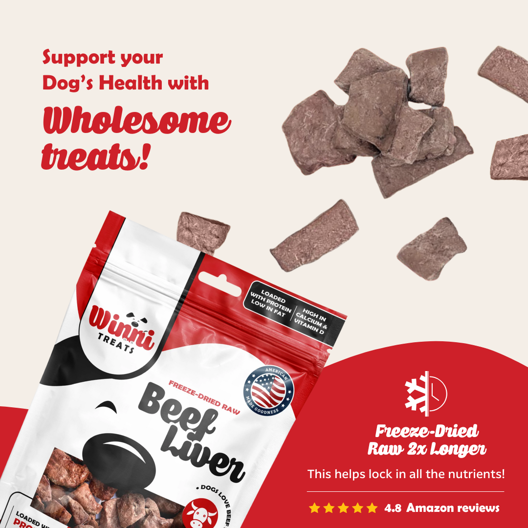 Marketing image for Winni Treats Freeze Dried Raw Beef Liver dog treats, illustrating their nutrient-rich content and taste appeal to dogs.
