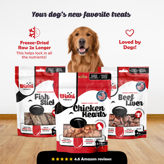 Happy dog with Winni Treats Freeze Dried Raw Treat Bundle including Fish Sticks, Chicken Hearts, and Beef Liver, perfect freeze dried dog treats loved by pets.