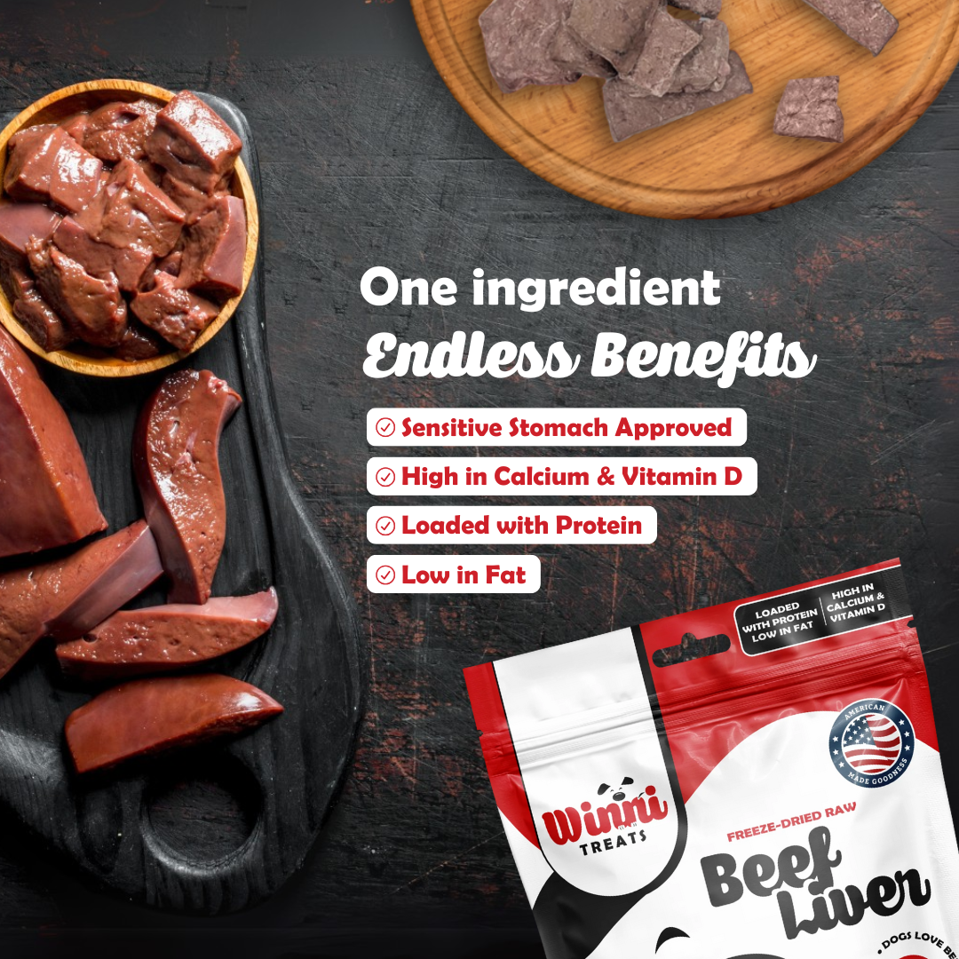 A creative display of Winni Treats Freeze Dried Raw Beef Liver dog treats alongside fresh ingredients, emphasizing their wholesome, single-ingredient nature.