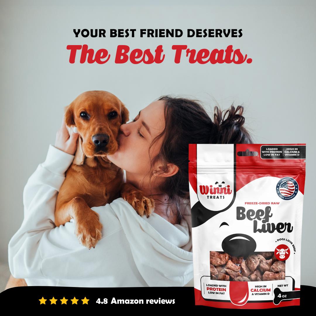 A joyful moment shared between a pet and owner with Winni Treats Freeze Dried Raw Beef Liver dog treats, reinforcing the connection through healthy treats.
